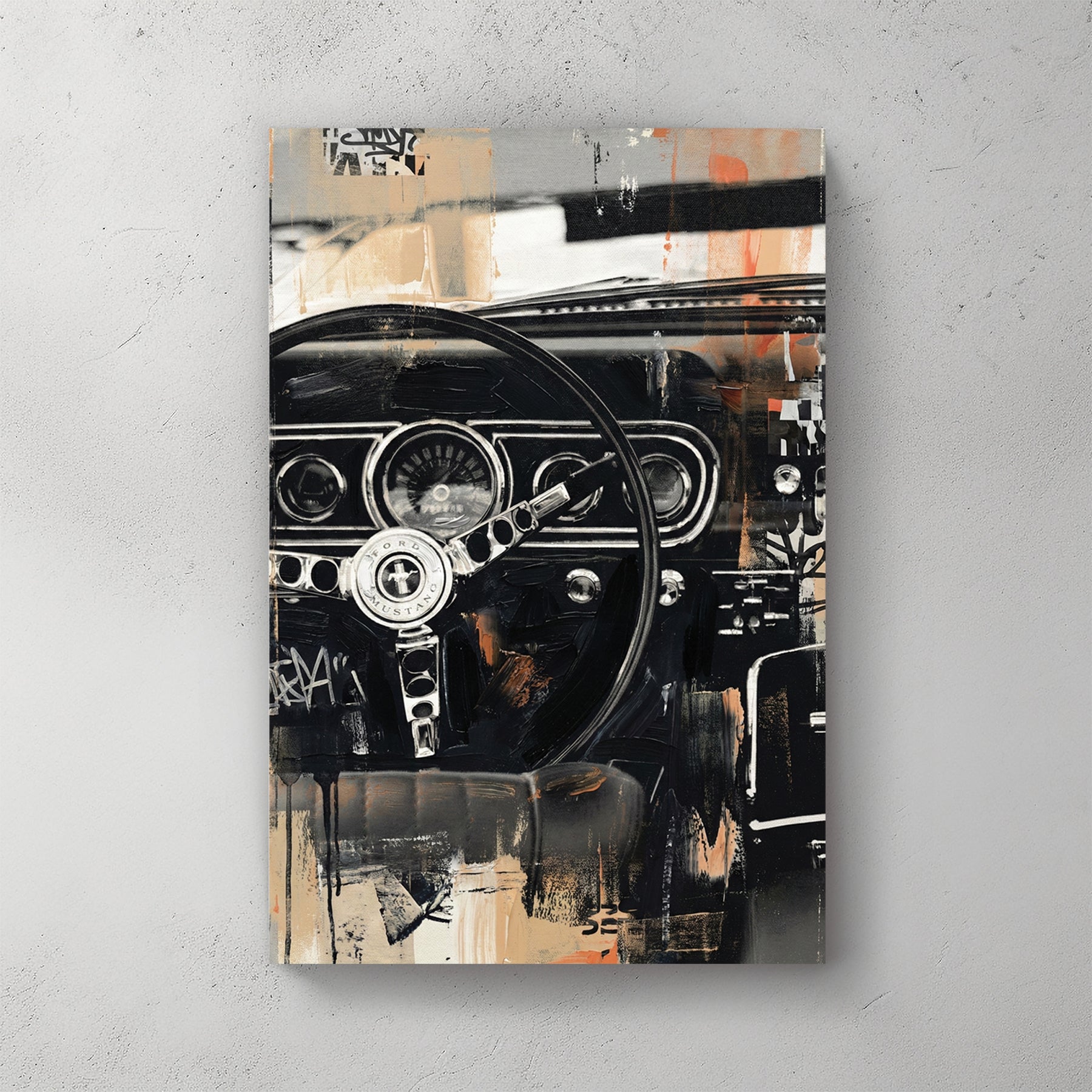 Classic Ford Mustang interior with steering wheel detail