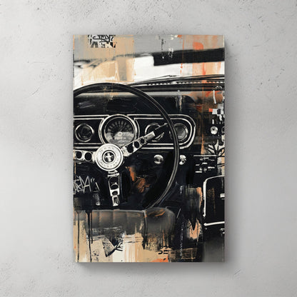 Classic Ford Mustang interior with steering wheel detail