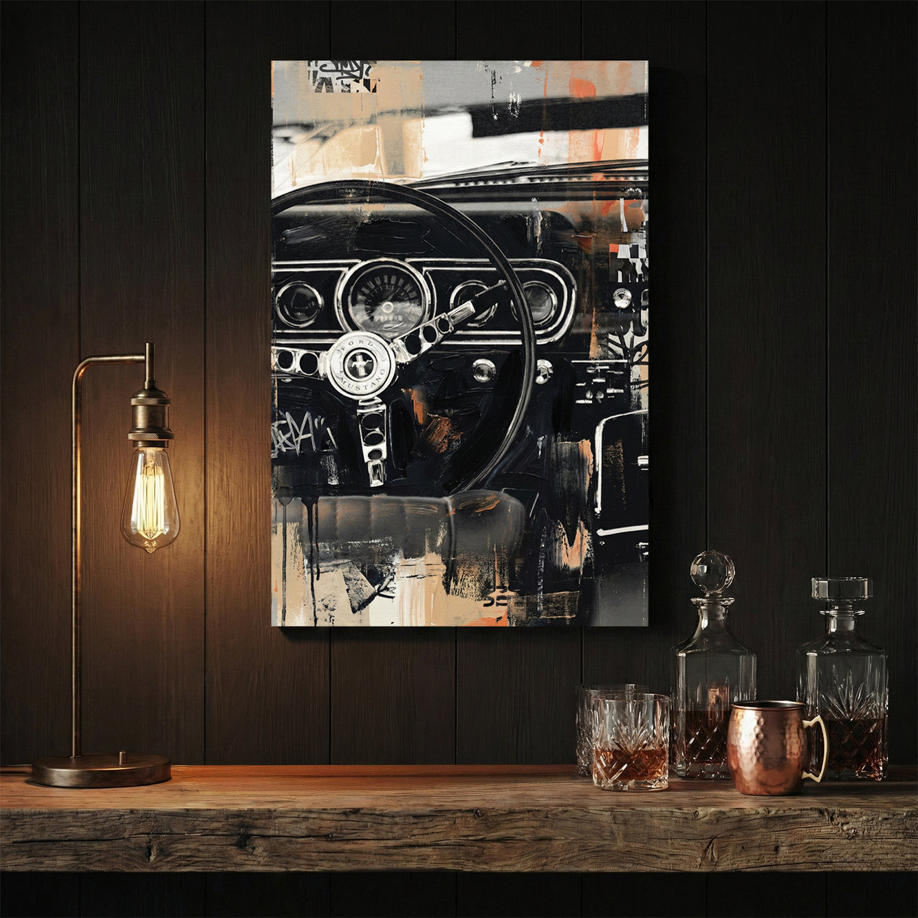 Classic Ford Mustang interior with steering wheel detail