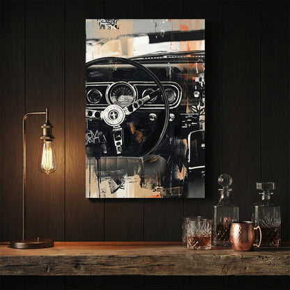 Classic Ford Mustang interior with steering wheel detail