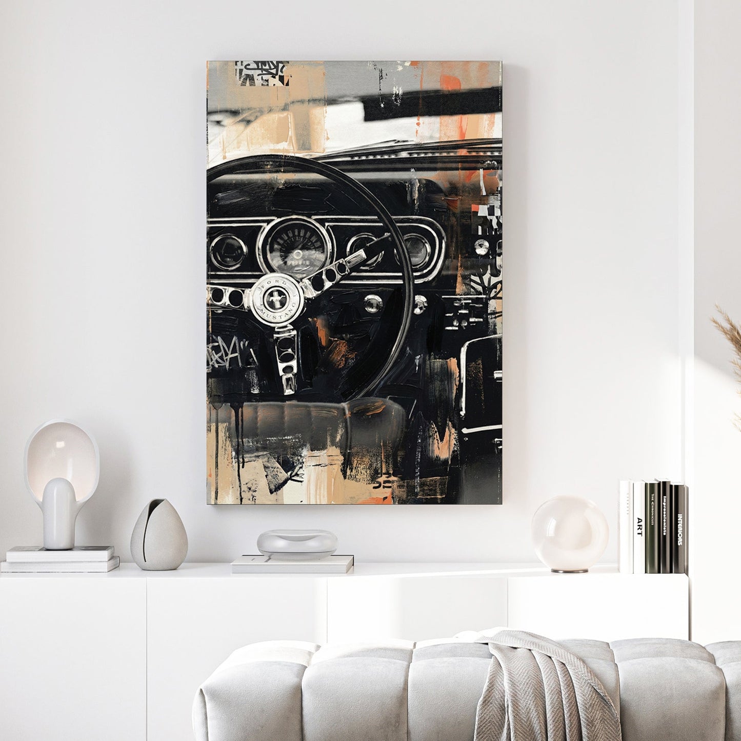 Classic Ford Mustang interior with steering wheel detail