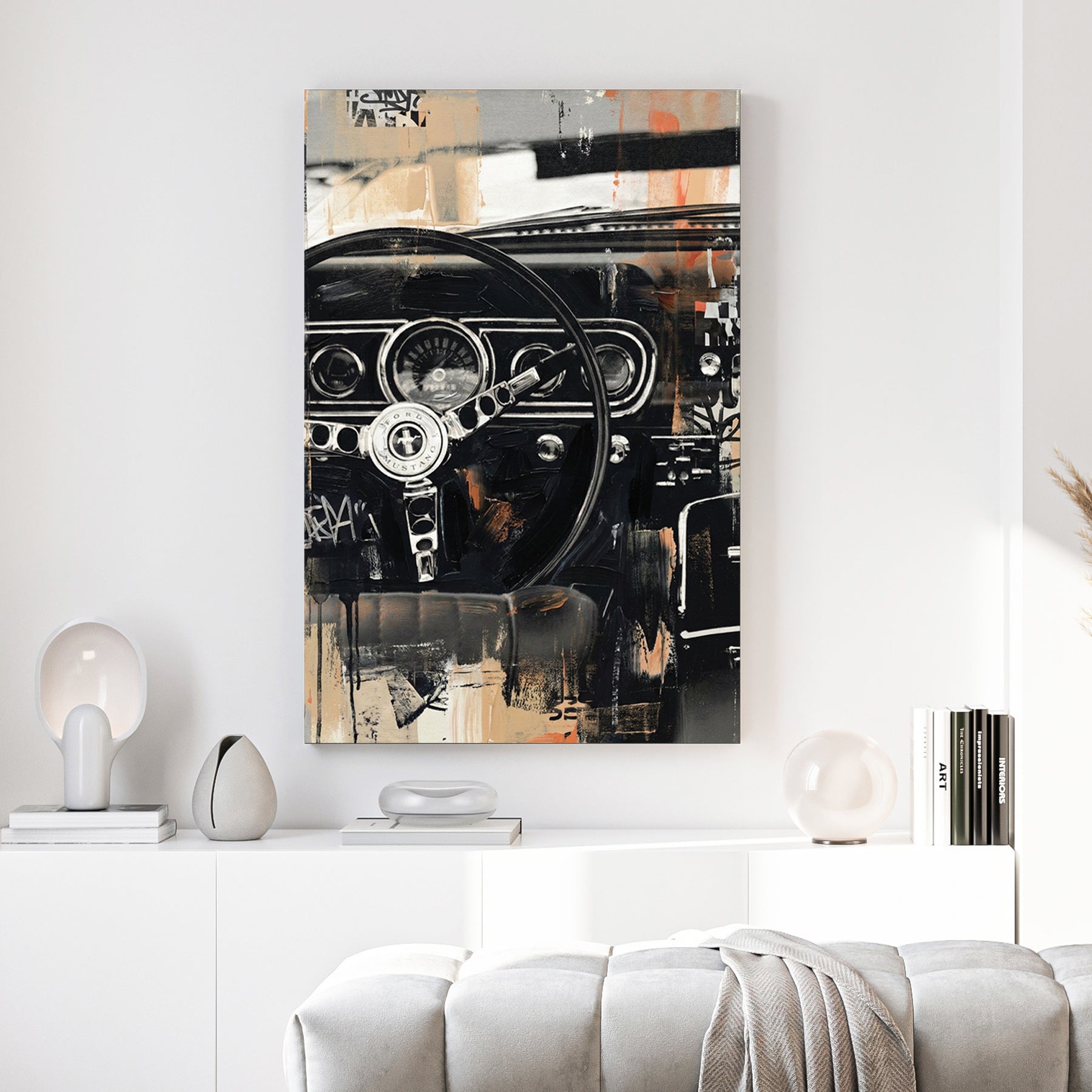 Classic Ford Mustang interior with steering wheel detail