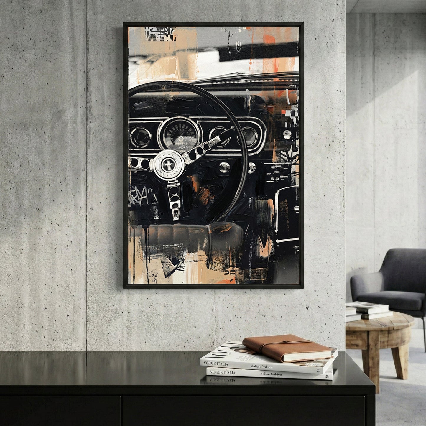 Classic Ford Mustang interior with steering wheel detail