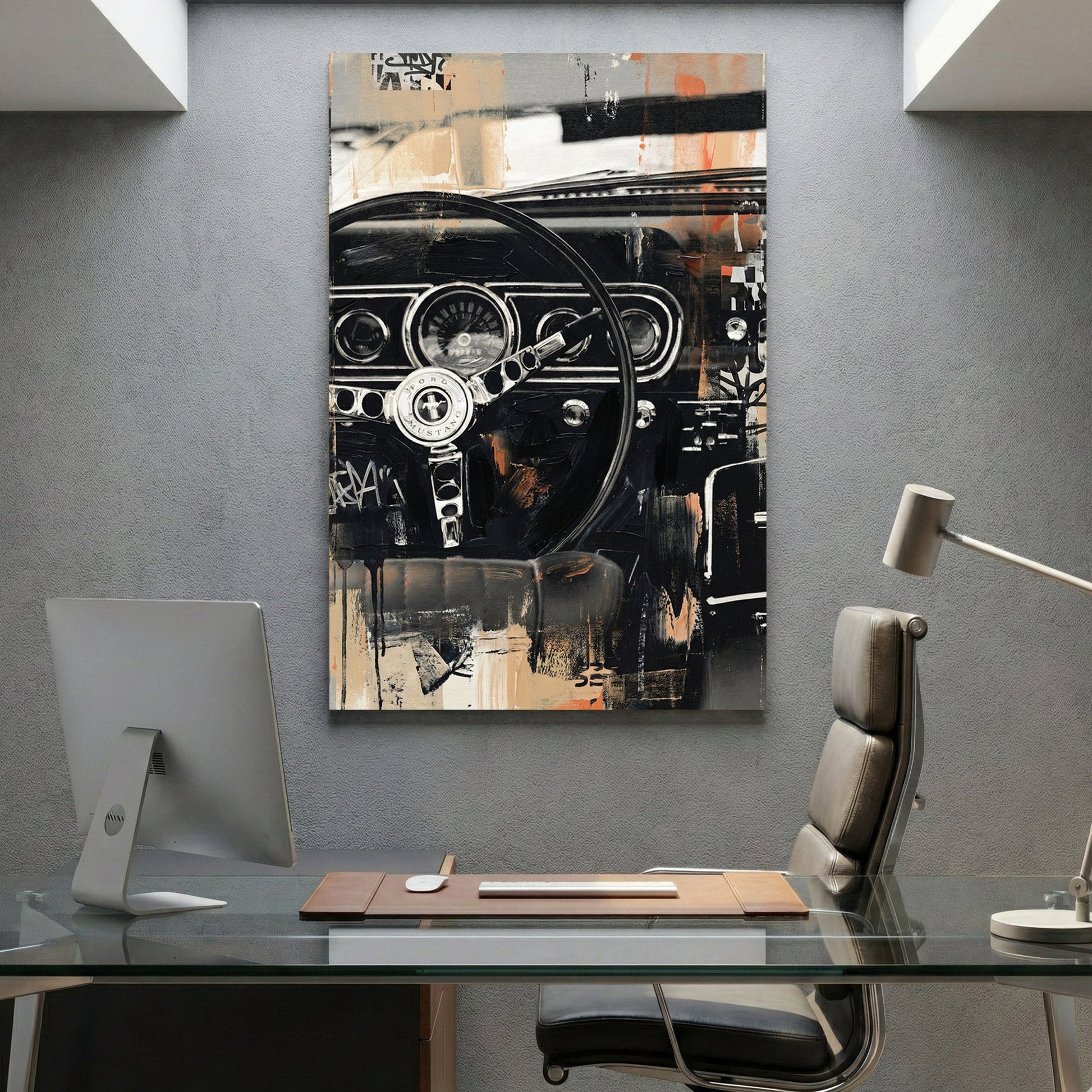 Classic Ford Mustang interior with steering wheel detail