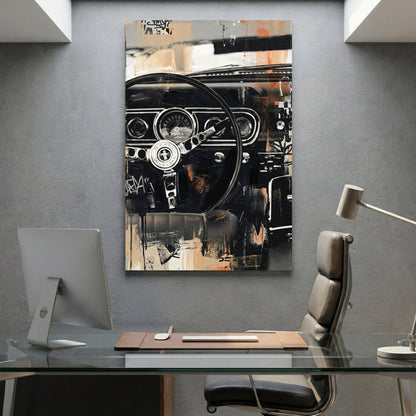 Classic Ford Mustang interior with steering wheel detail