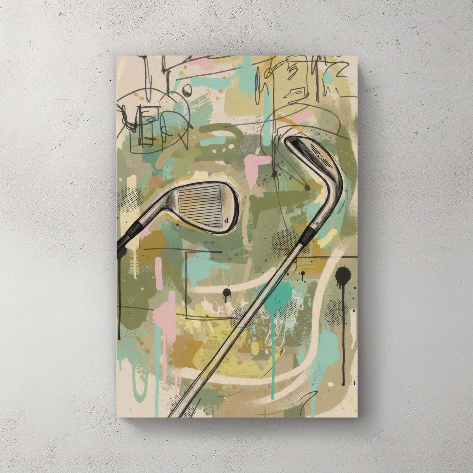 Abstract golf clubs in watercolour with greens, blues, and earth tones