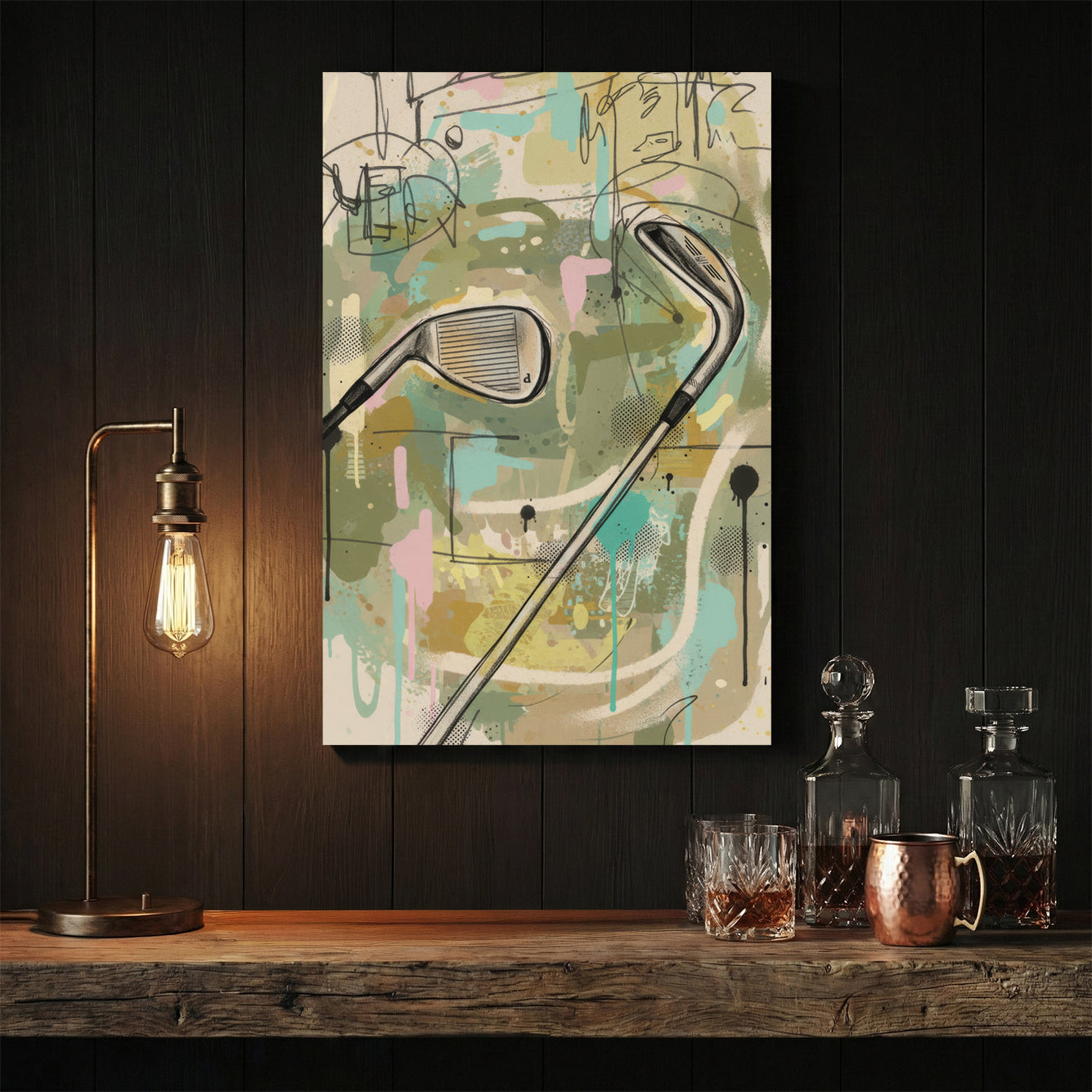 Abstract golf clubs in watercolour with greens, blues, and earth tones