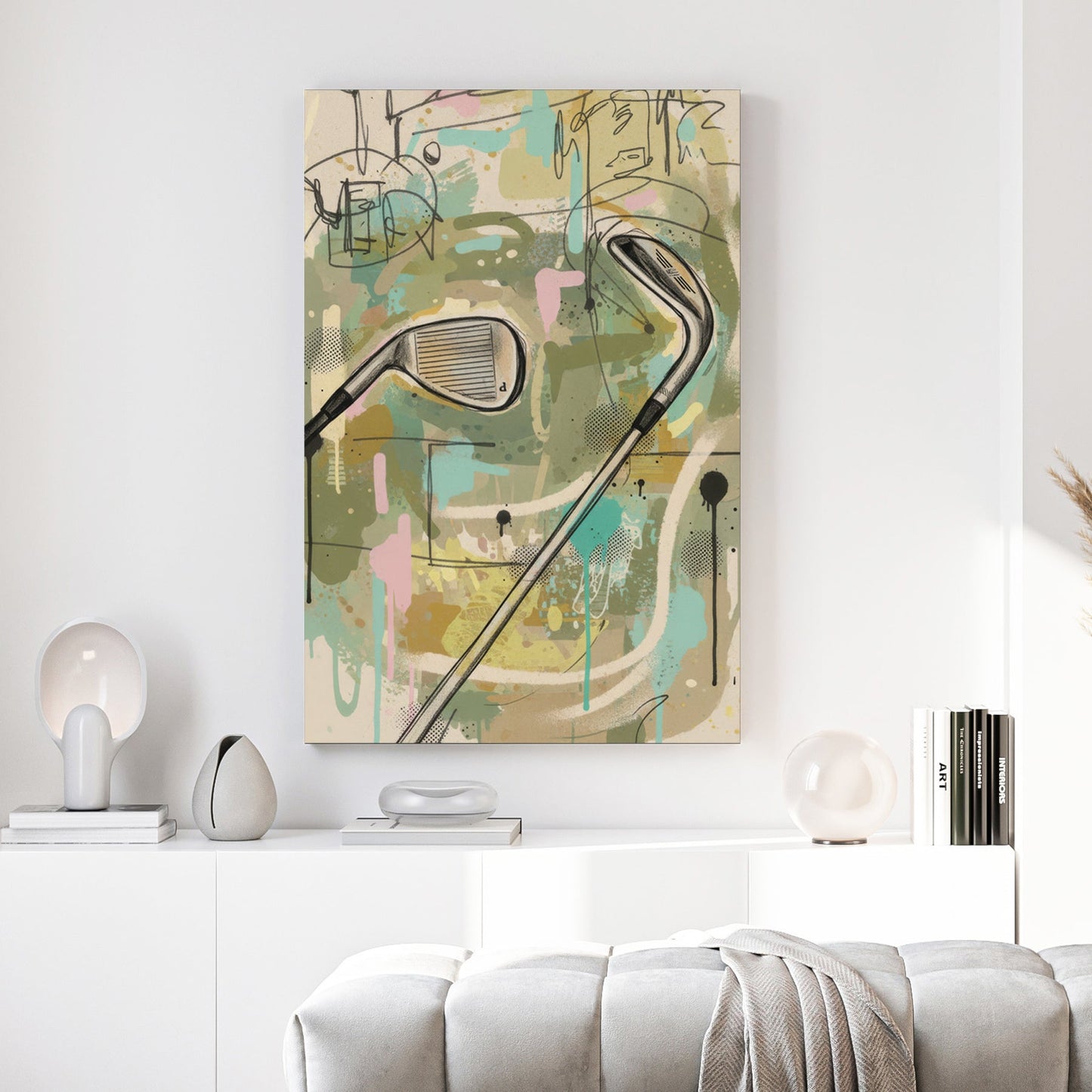 Abstract golf clubs in watercolour with greens, blues, and earth tones