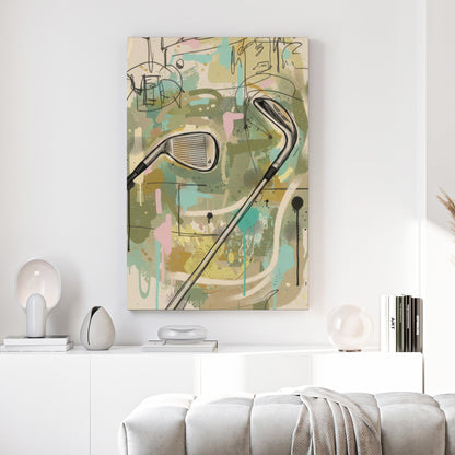 Abstract golf clubs in watercolour with greens, blues, and earth tones