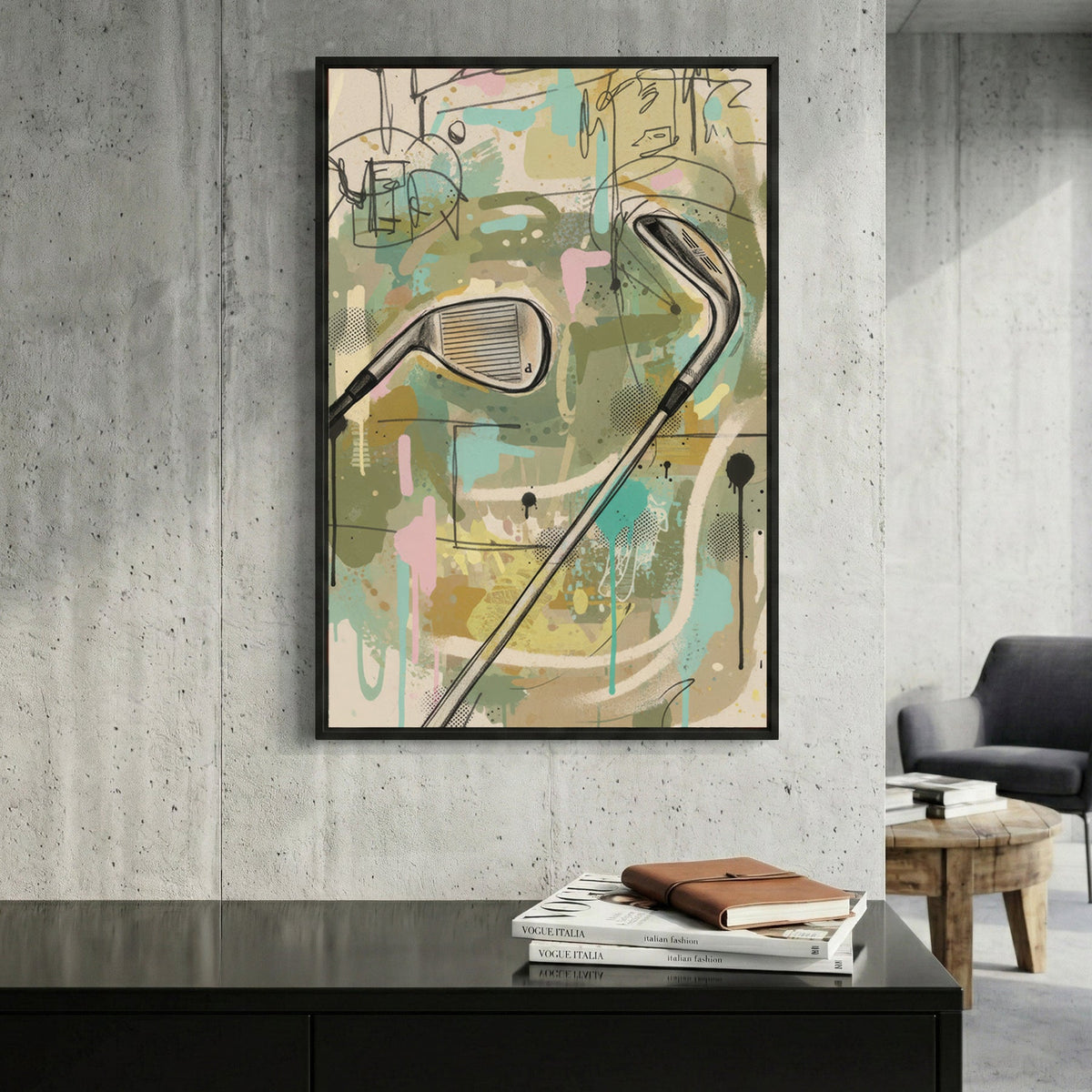 Abstract golf clubs in watercolour with greens, blues, and earth tones