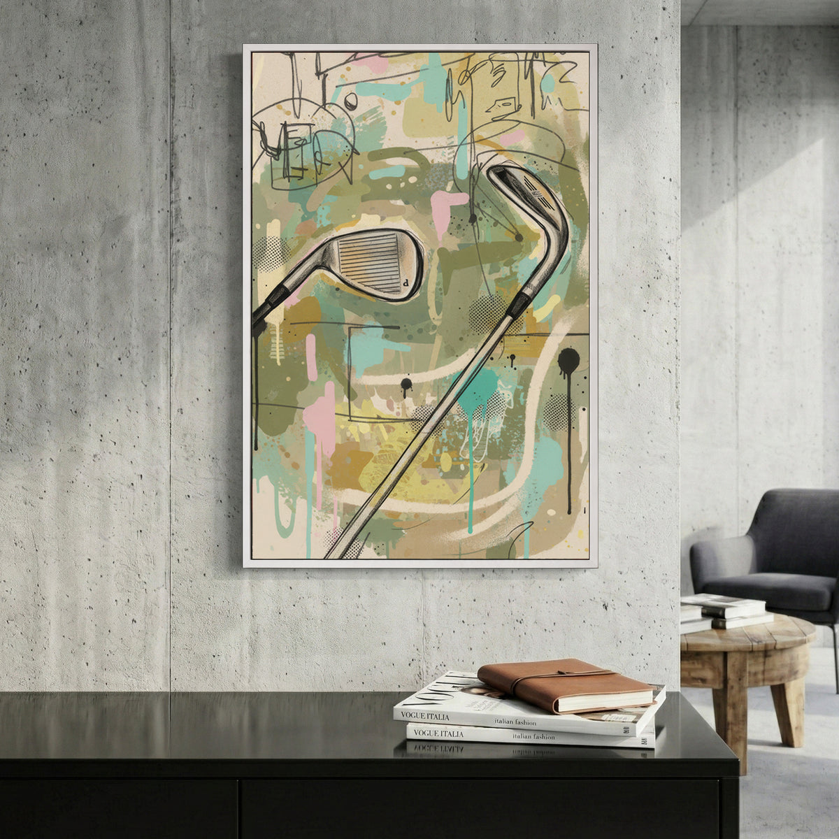 Abstract golf clubs in watercolour with greens, blues, and earth tones