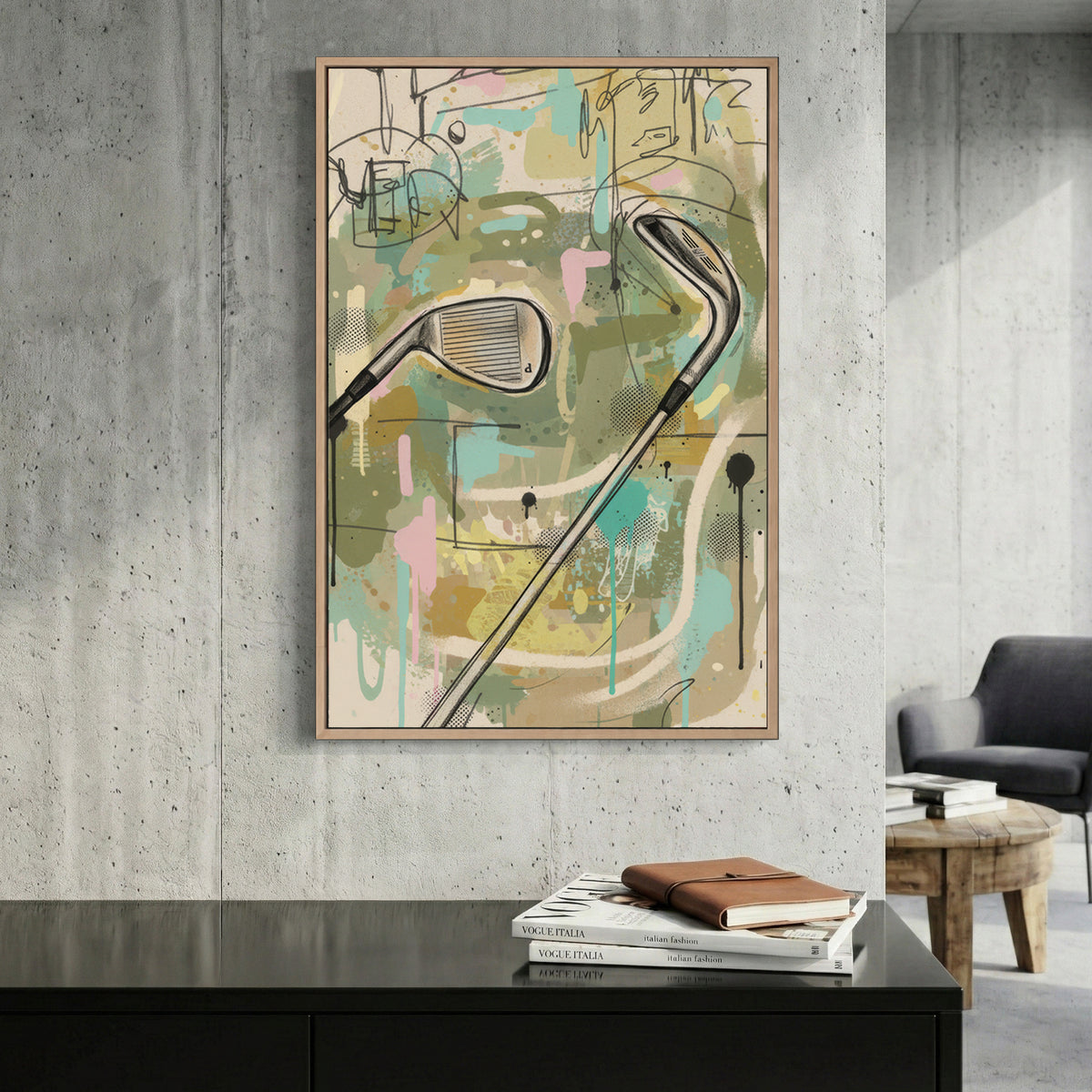 Abstract golf clubs in watercolour with greens, blues, and earth tones