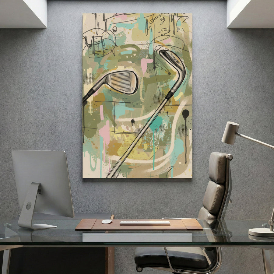 Abstract golf clubs in watercolour with greens, blues, and earth tones
