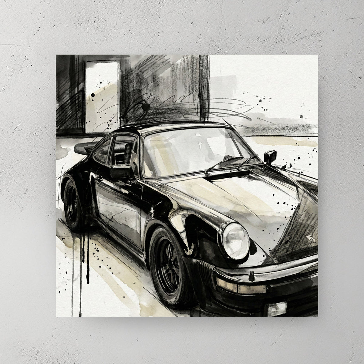 Porsche 911 in black and white sketch with watercolour wash background