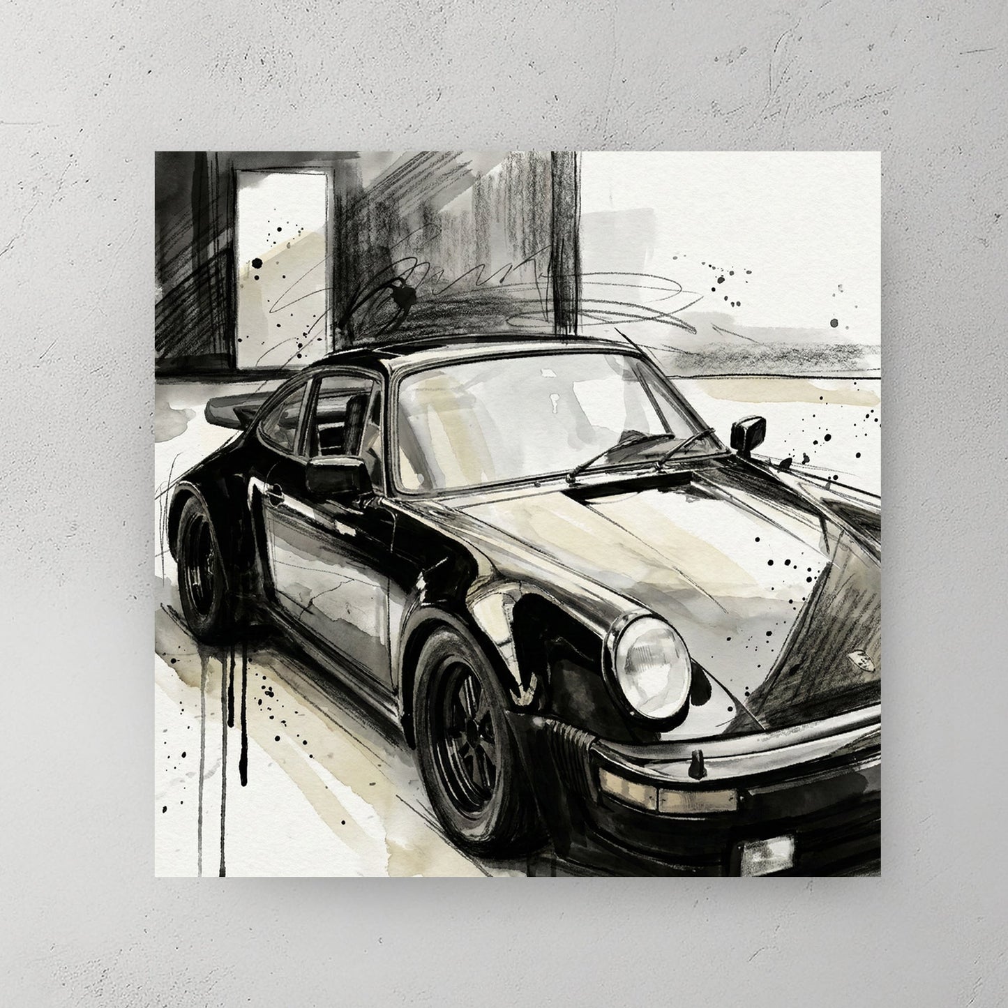 Porsche 911 in black and white sketch with watercolour wash background