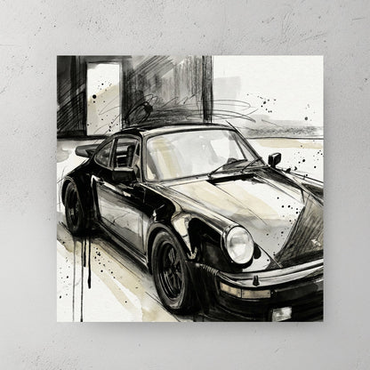 Porsche 911 in black and white sketch with watercolour wash background