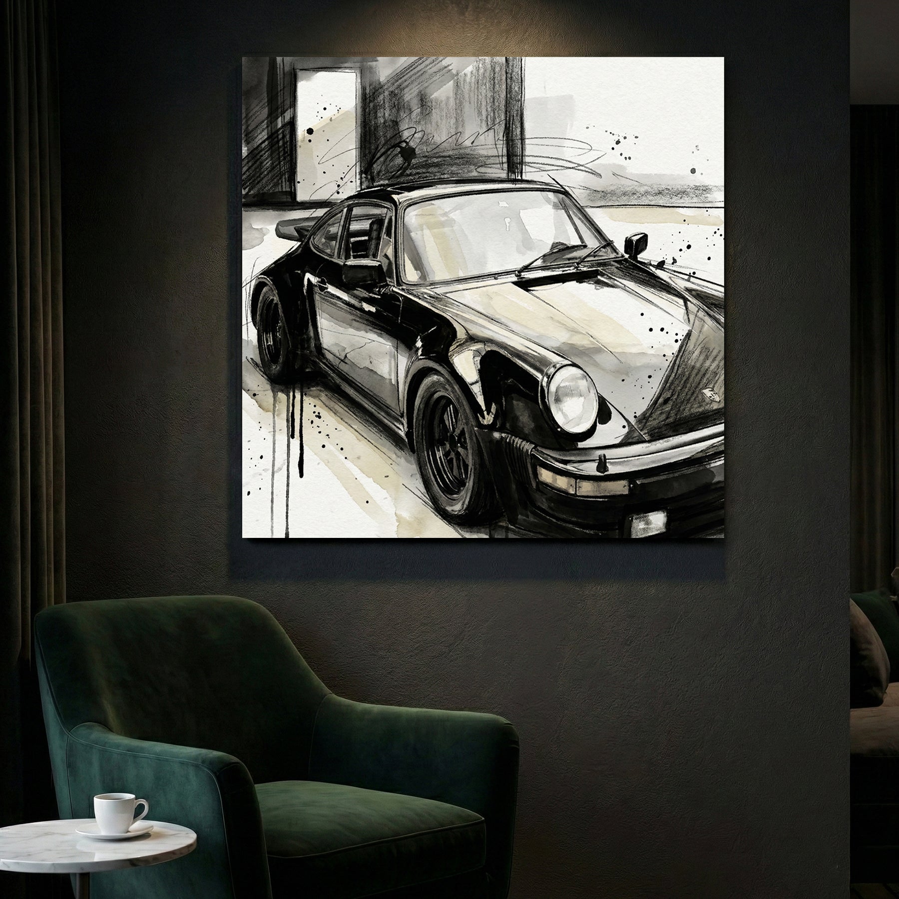 Porsche 911 in black and white sketch with watercolour wash background