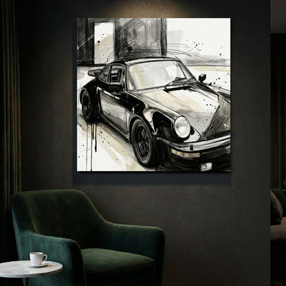 Porsche 911 in black and white sketch with watercolour wash background