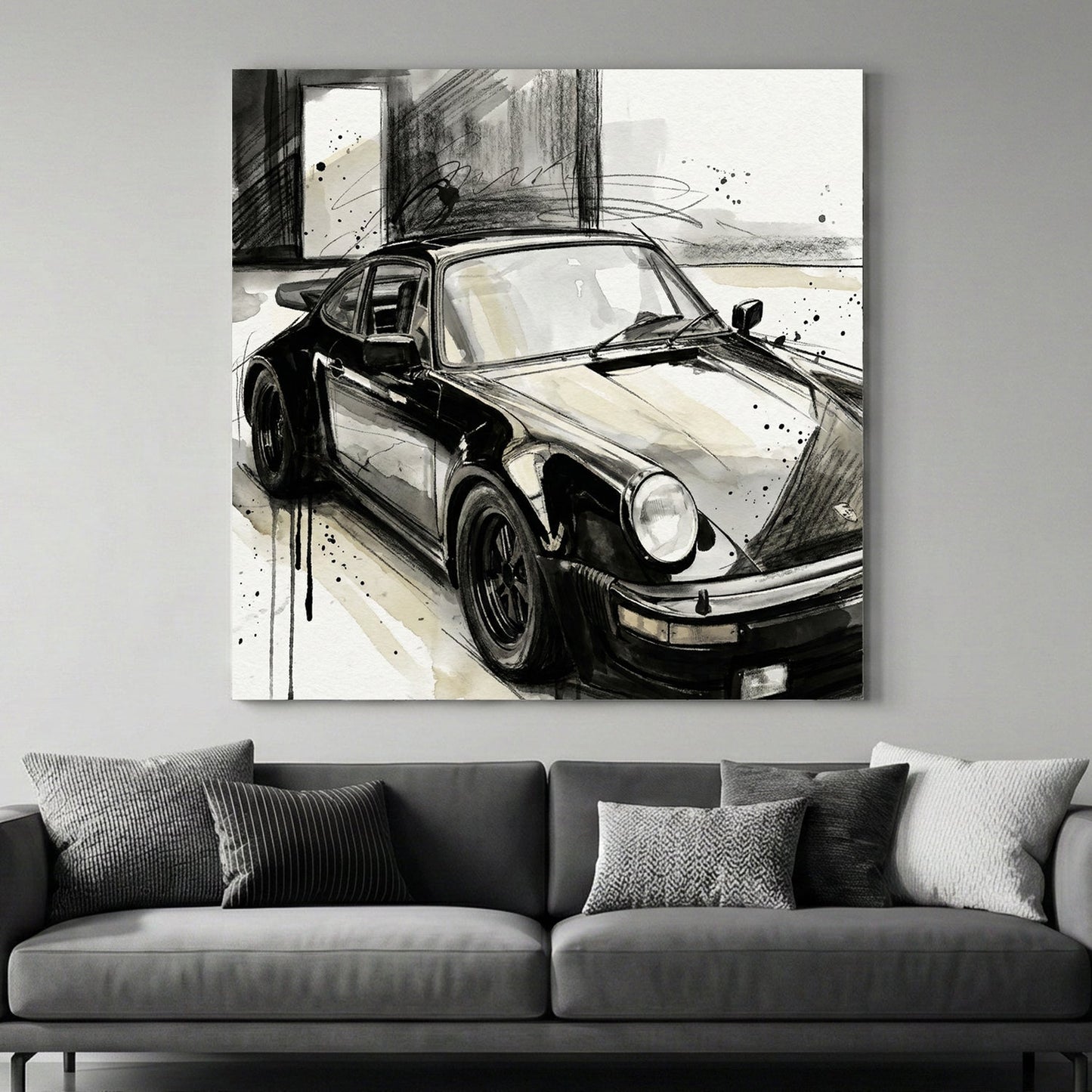 Porsche 911 in black and white sketch with watercolour wash background