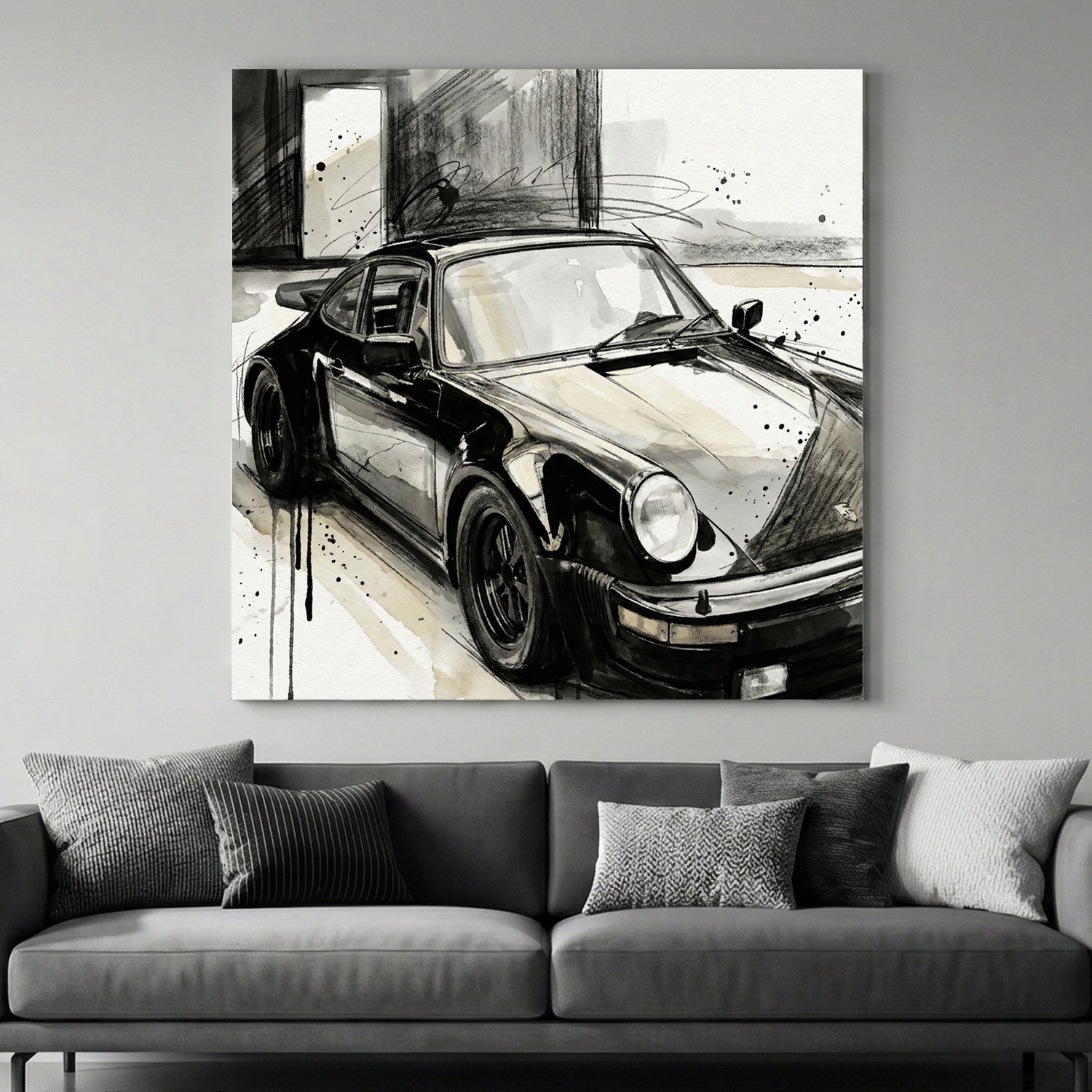 Porsche 911 in black and white sketch with watercolour wash background