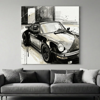 Porsche 911 in black and white sketch with watercolour wash background