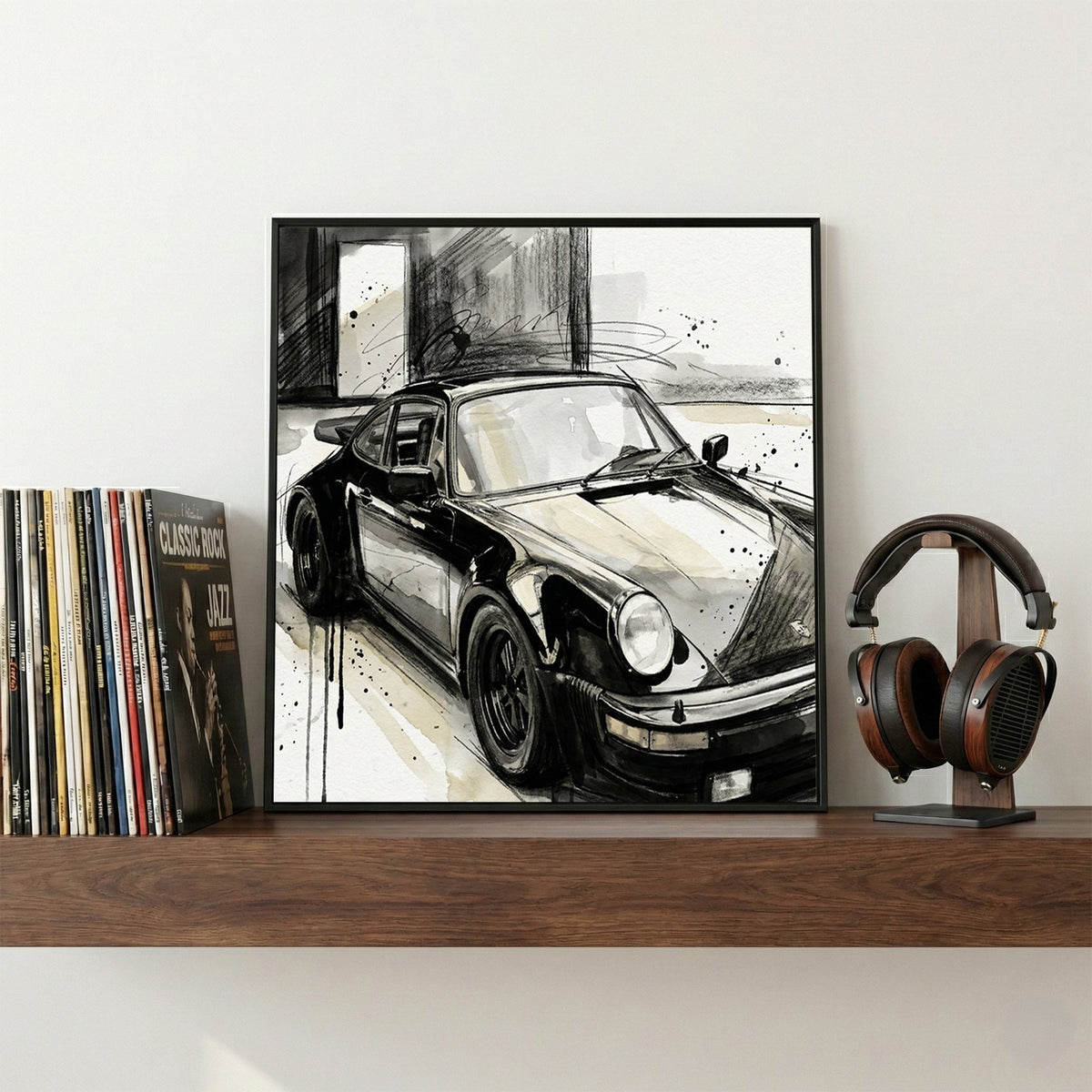 Porsche 911 in black and white sketch with watercolour wash background