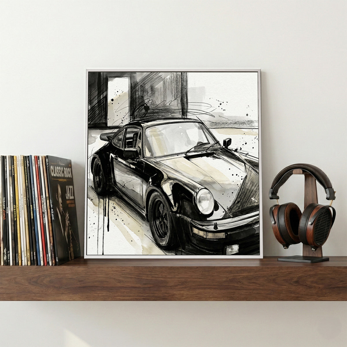Porsche 911 in black and white sketch with watercolour wash background