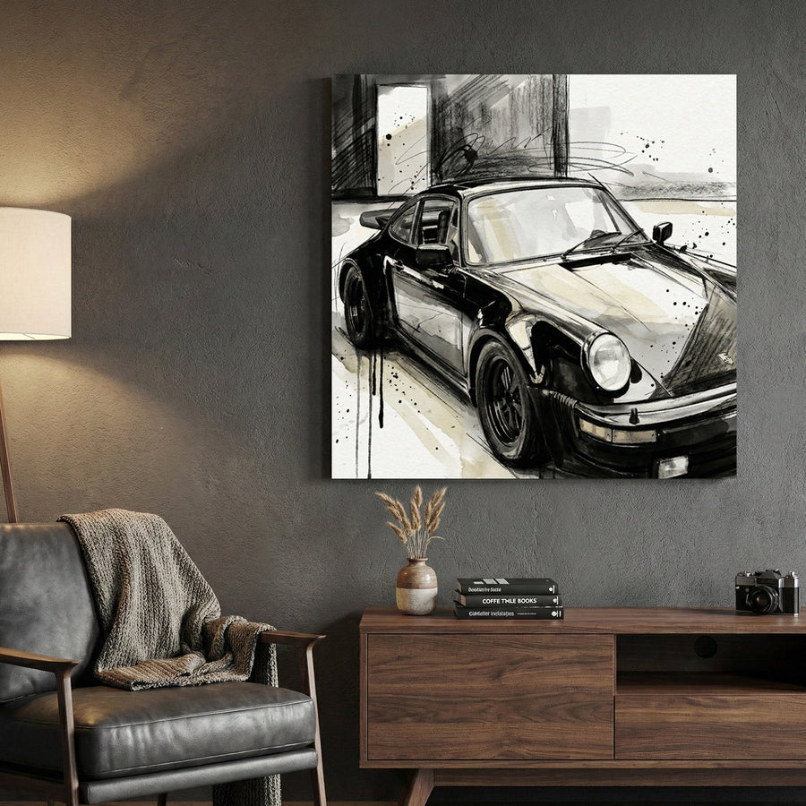 Porsche 911 in black and white sketch with watercolour wash background
