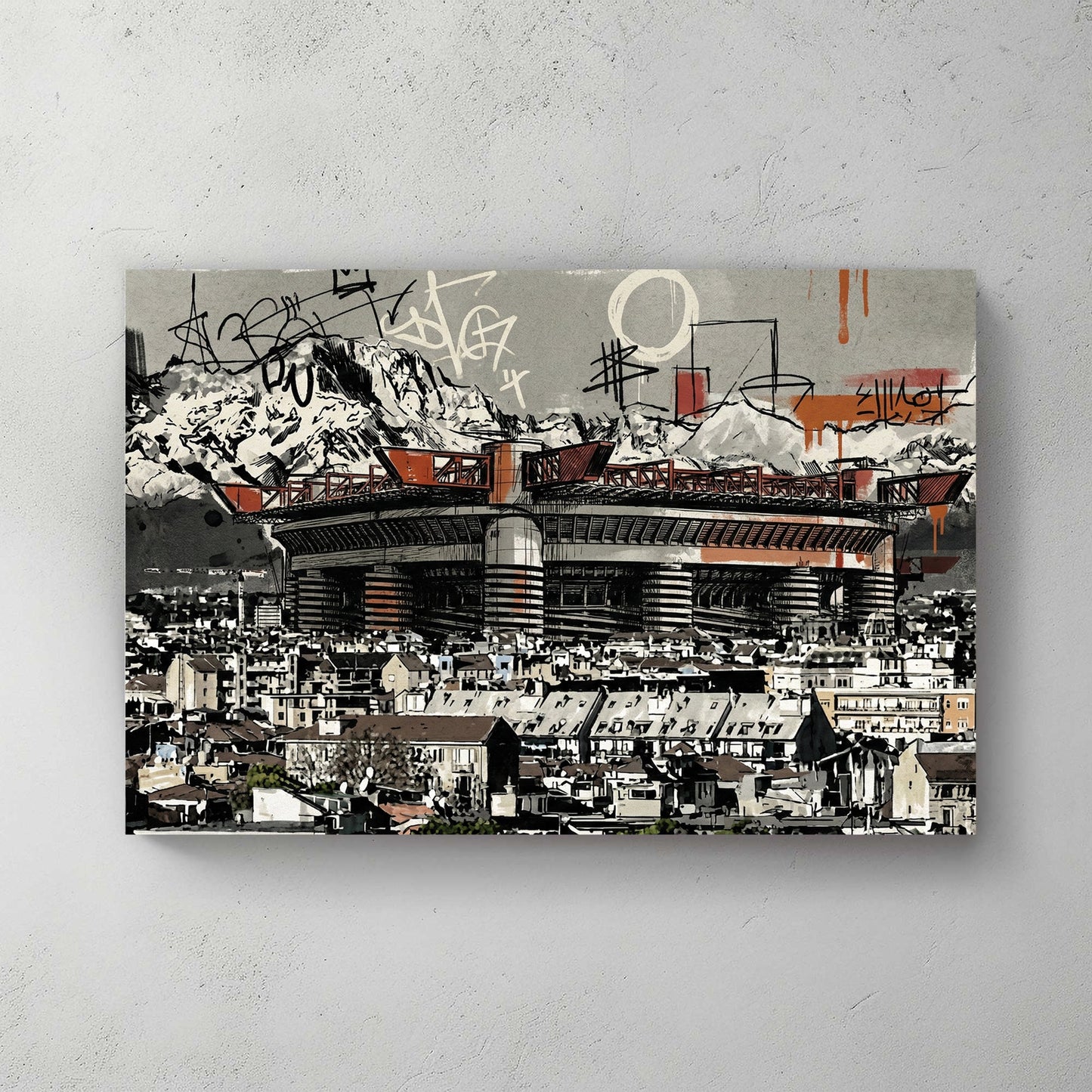 San Siro Milan stadium with red accents and graffiti street art urban style