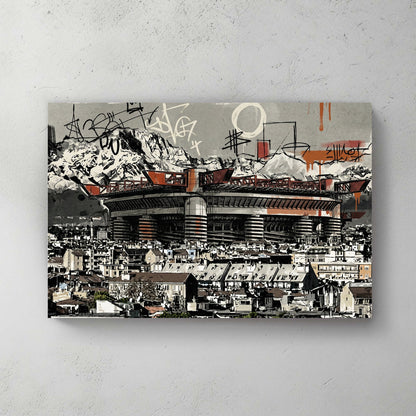 San Siro Milan stadium with red accents and graffiti street art urban style