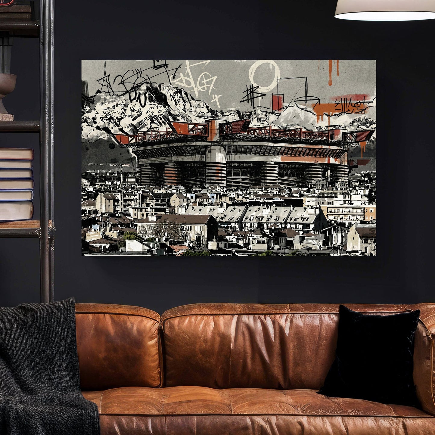 San Siro Milan stadium with red accents and graffiti street art urban style