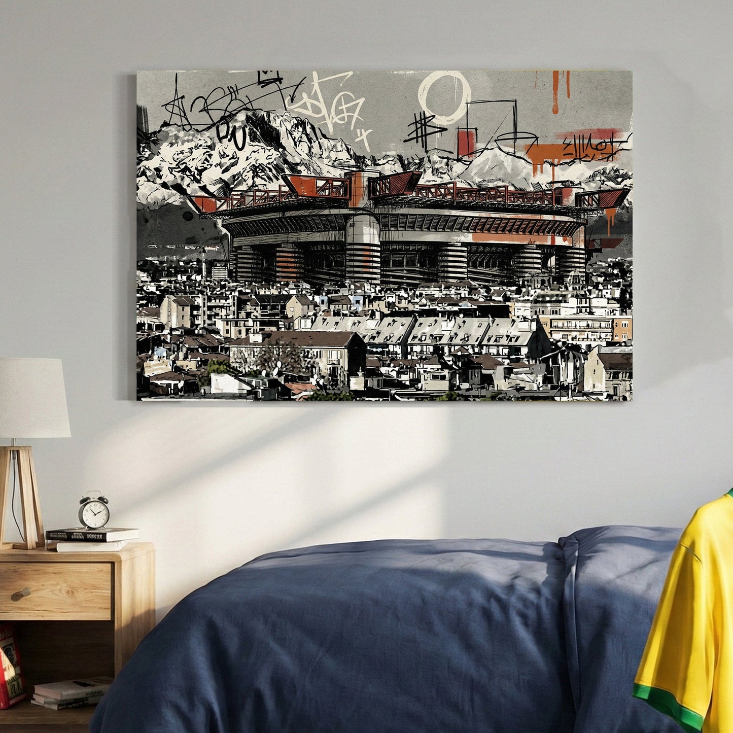 San Siro Milan stadium with red accents and graffiti street art urban style