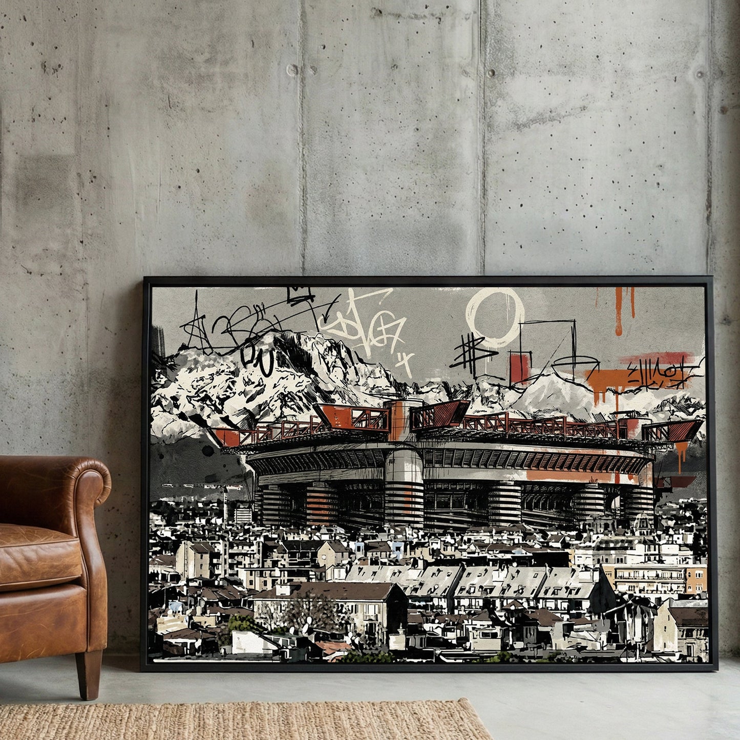 San Siro Milan stadium with red accents and graffiti street art urban style
