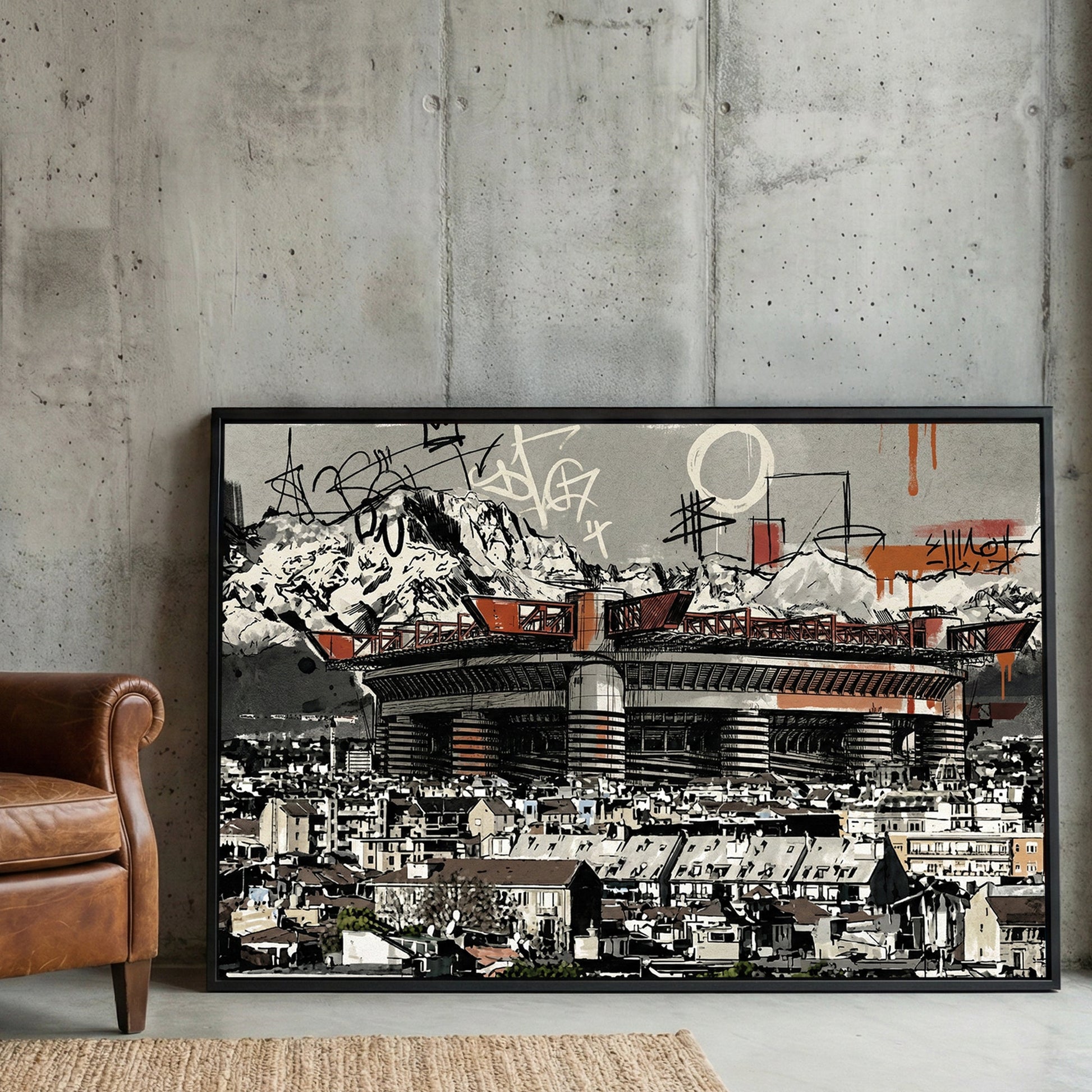 San Siro Milan stadium with red accents and graffiti street art urban style
