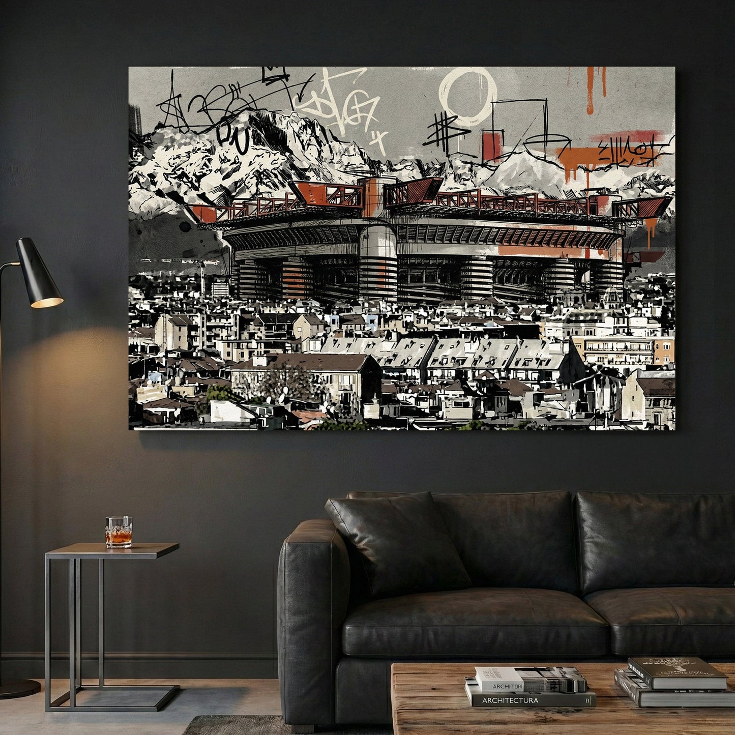 San Siro Milan stadium with red accents and graffiti street art urban style