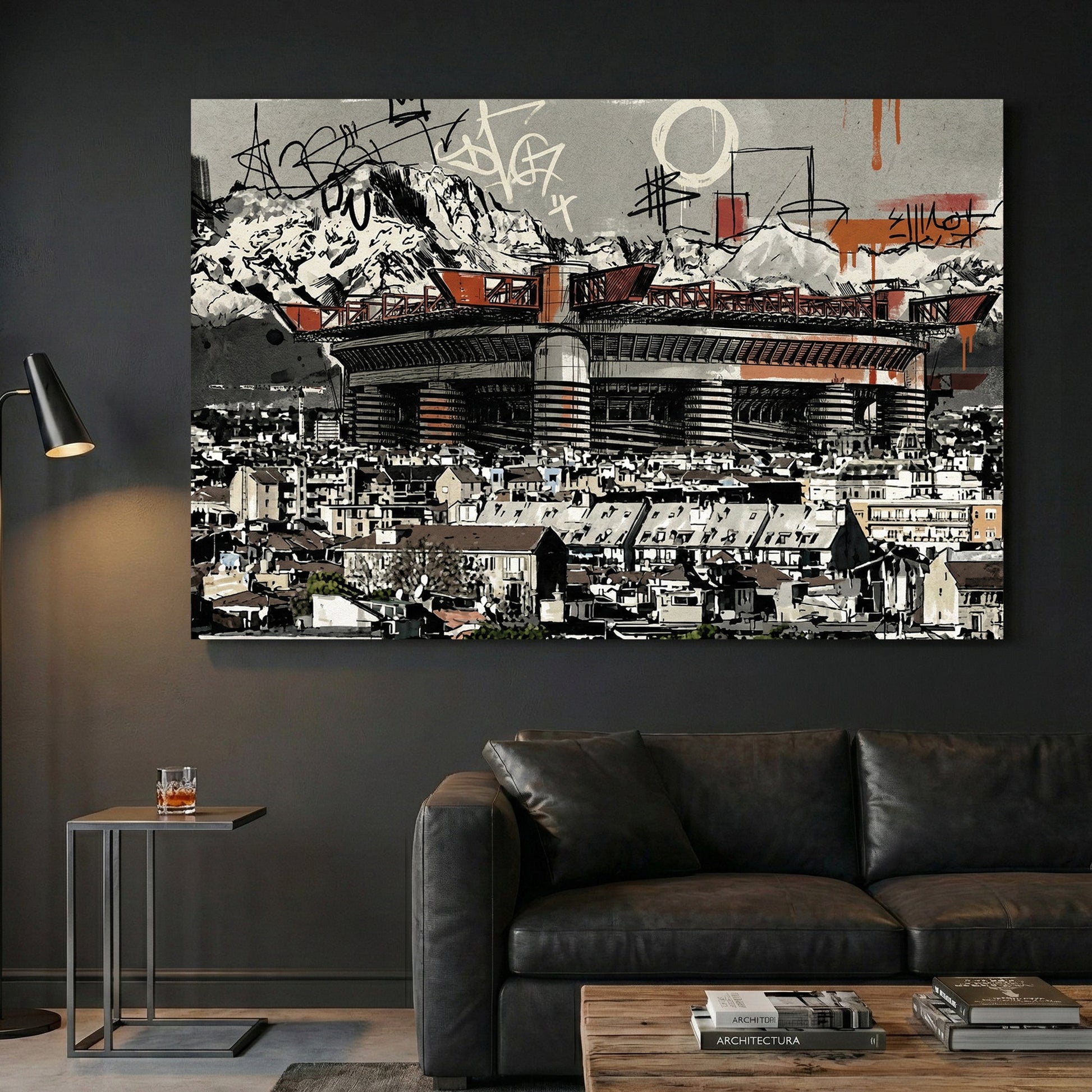 San Siro Milan stadium with red accents and graffiti street art urban style