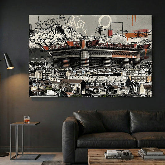 San Siro Milan stadium with red accents and graffiti street art urban style
