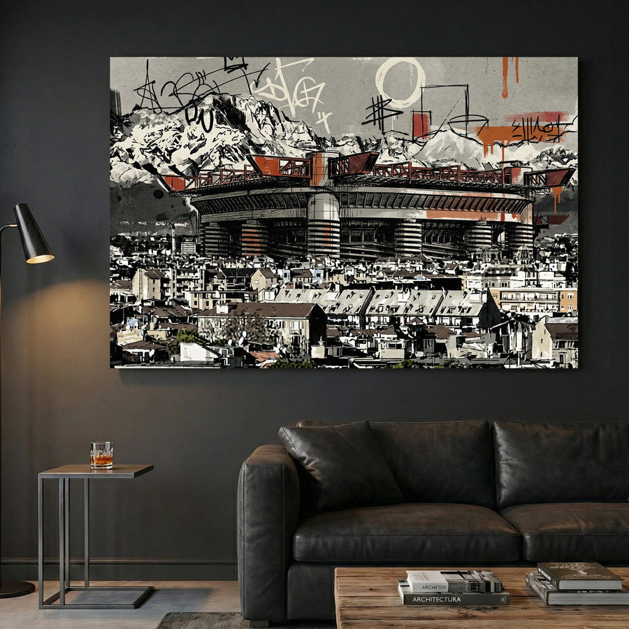 San Siro Milan stadium with red accents and graffiti street art urban style