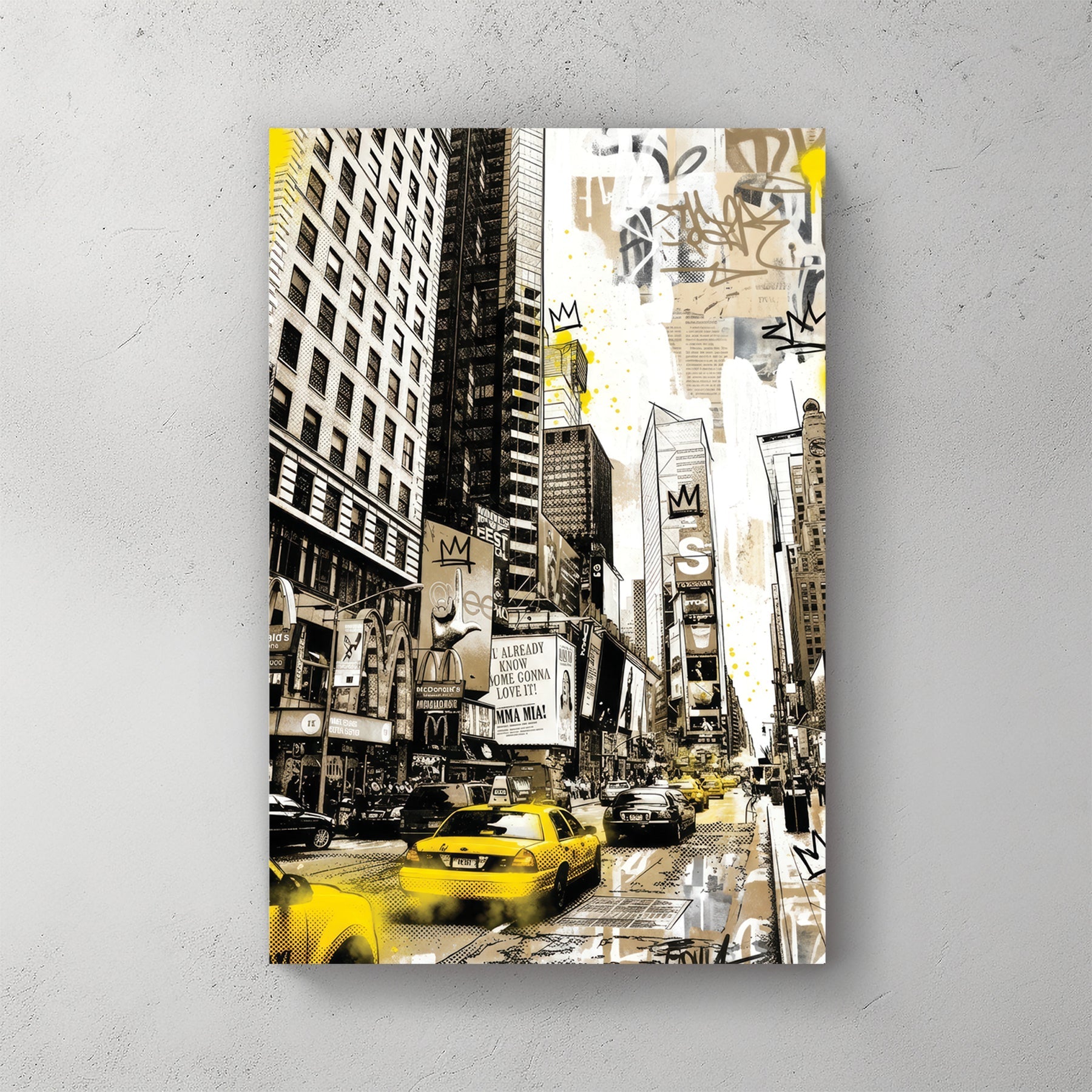 Times Square New York with yellow taxis and graffiti street art and buildings