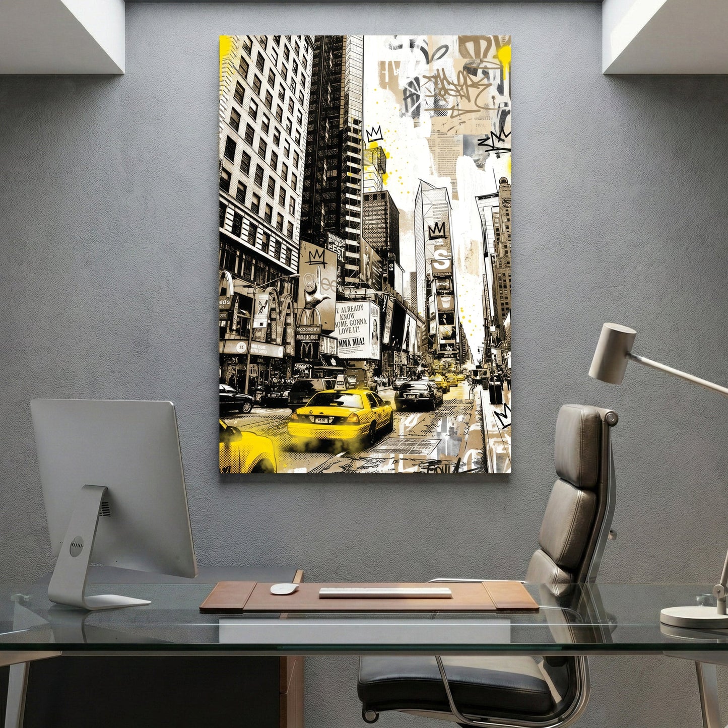 Times Square New York with yellow taxis and graffiti street art and buildings