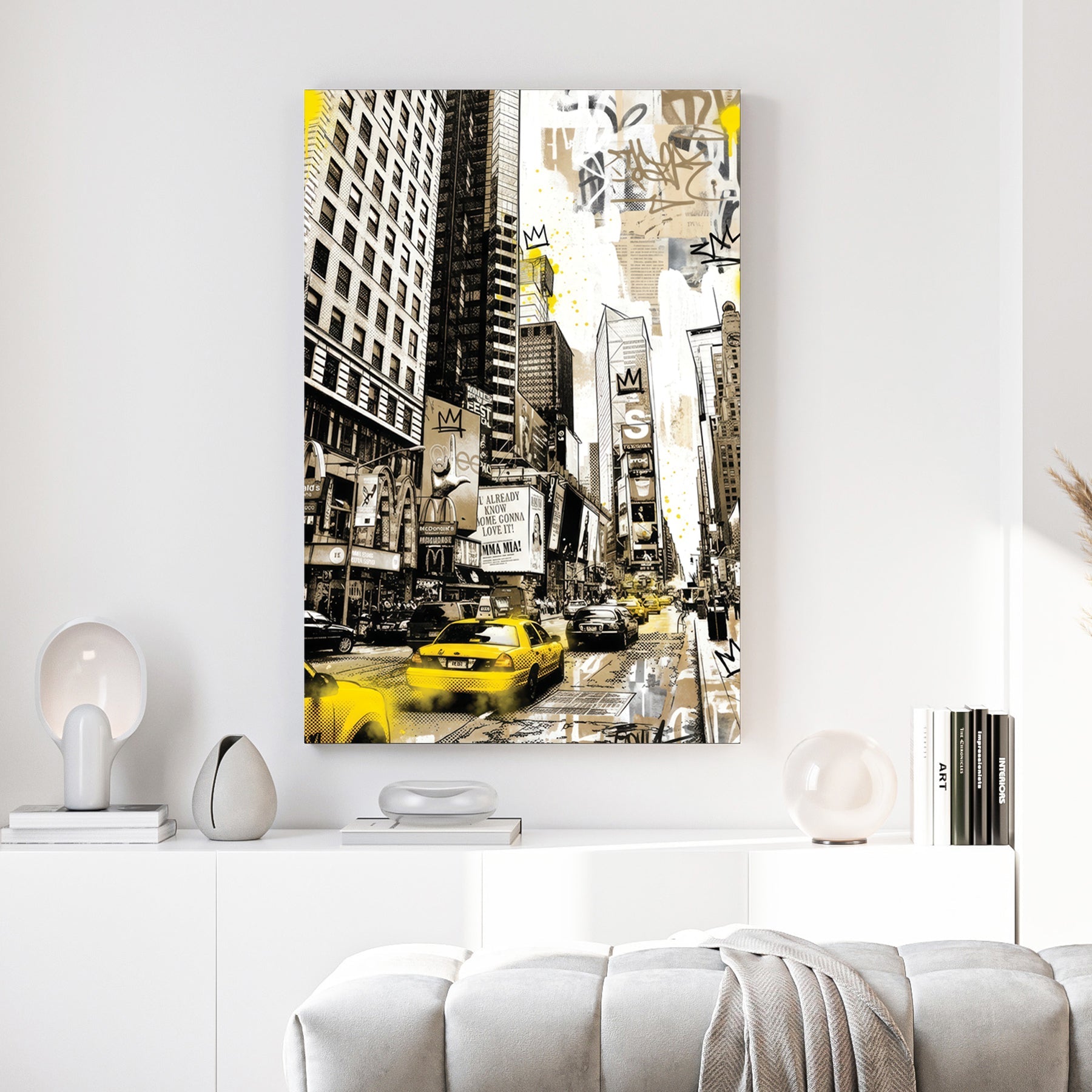 Times Square New York with yellow taxis and graffiti street art and buildings