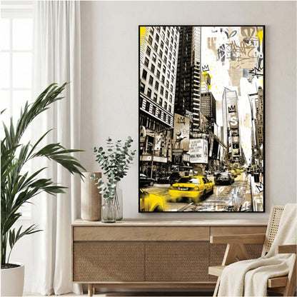Times Square New York with yellow taxis and graffiti street art and buildings