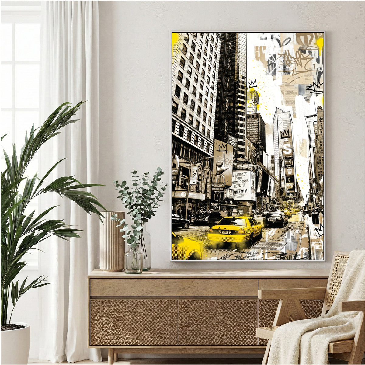 Times Square New York with yellow taxis and graffiti street art and buildings