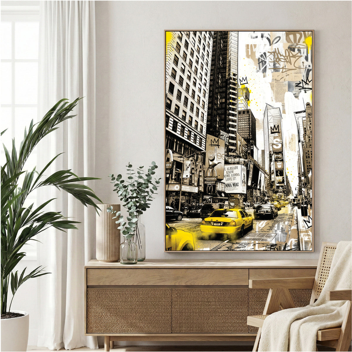 Times Square New York with yellow taxis and graffiti street art and buildings