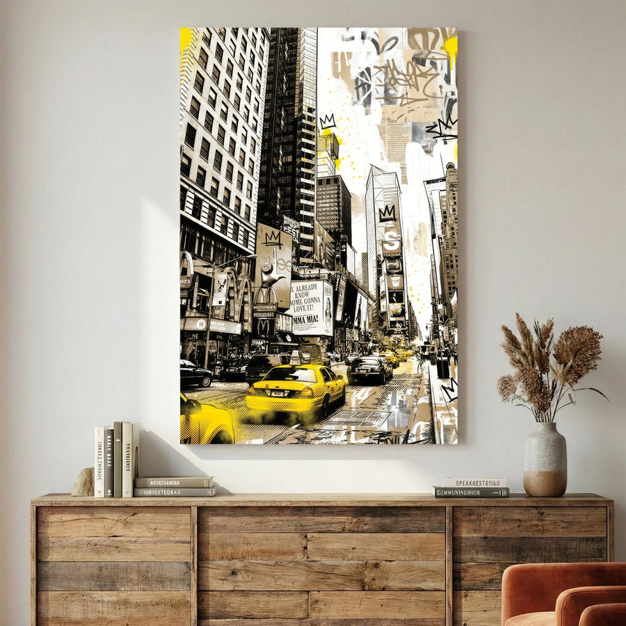 Times Square New York with yellow taxis and graffiti street art and buildings