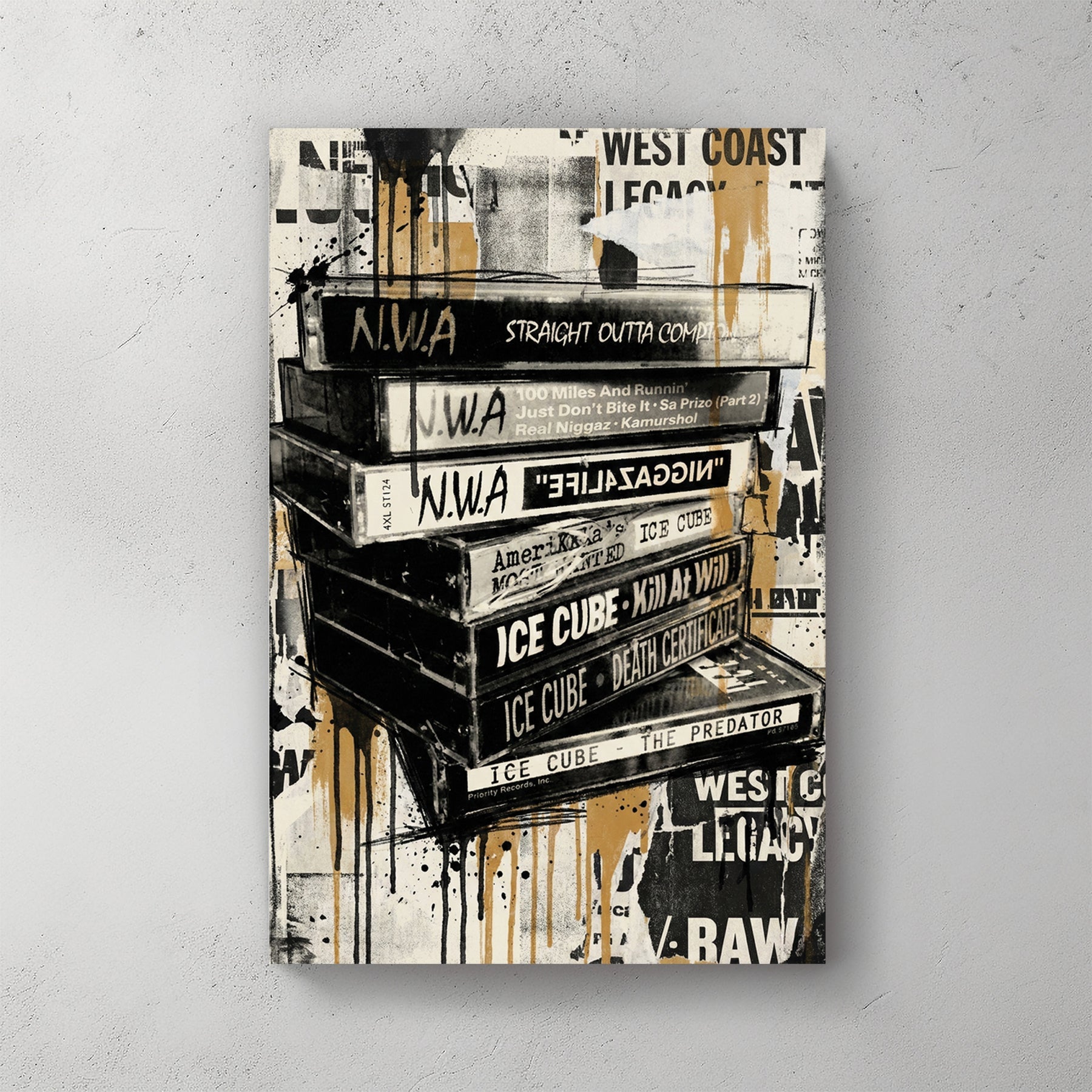 Stacked hip-hop album covers with graffiti street art and West Coast artist names