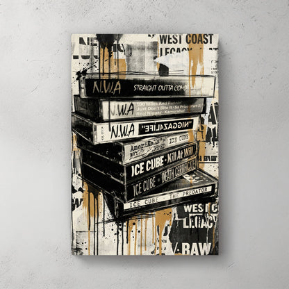 Stacked hip-hop album covers with graffiti street art and West Coast artist names