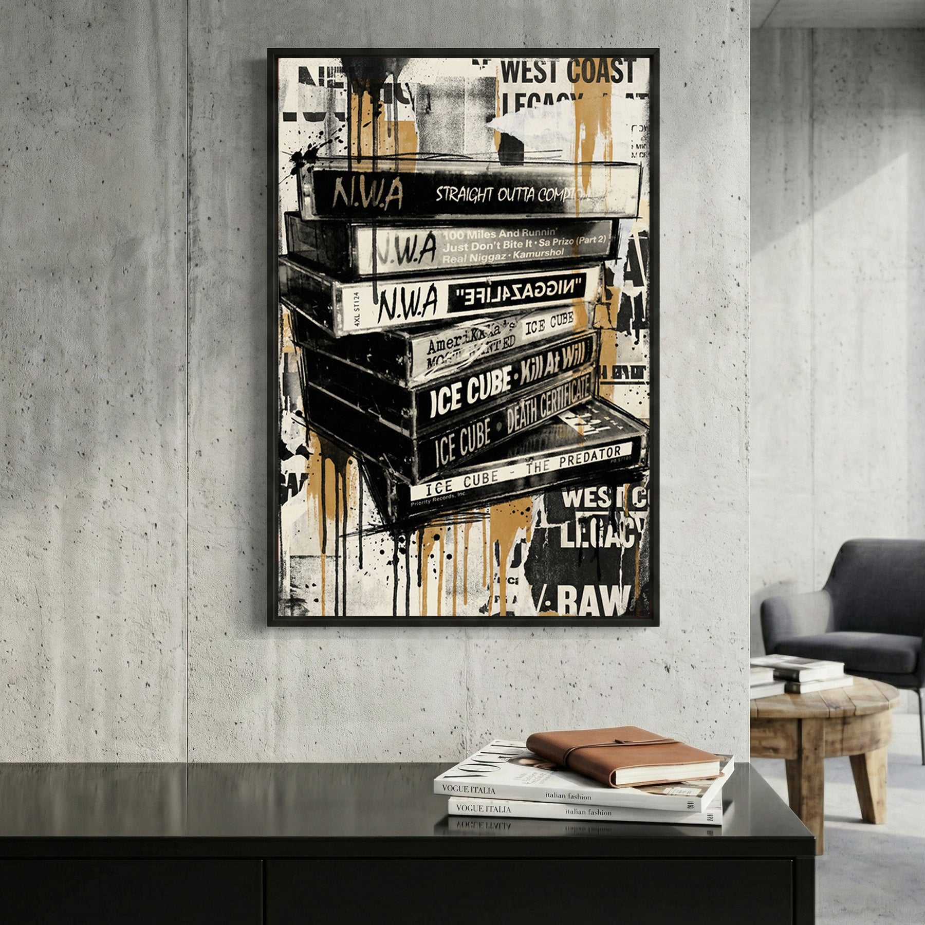 Stacked hip-hop album covers with graffiti street art and West Coast artist names