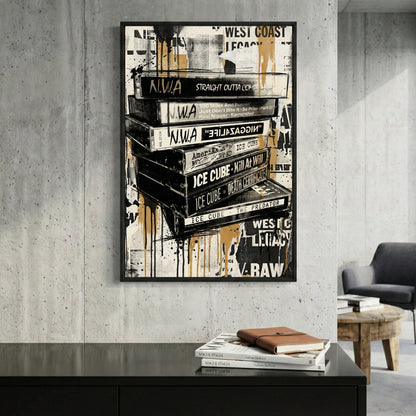 Stacked hip-hop album covers with graffiti street art and West Coast artist names