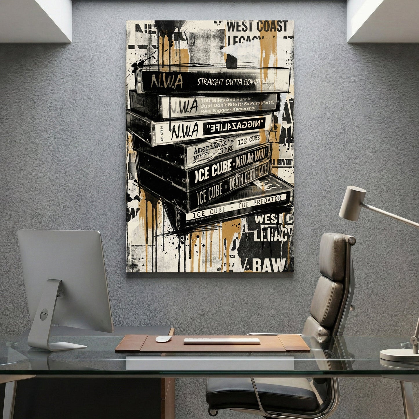 Stacked hip-hop album covers with graffiti street art and West Coast artist names